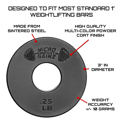 Micro Gainz Standard 1-Inch Center Hole Fractional Weight Plates Set of 8 Plates .25LB-1LB w/ Bag